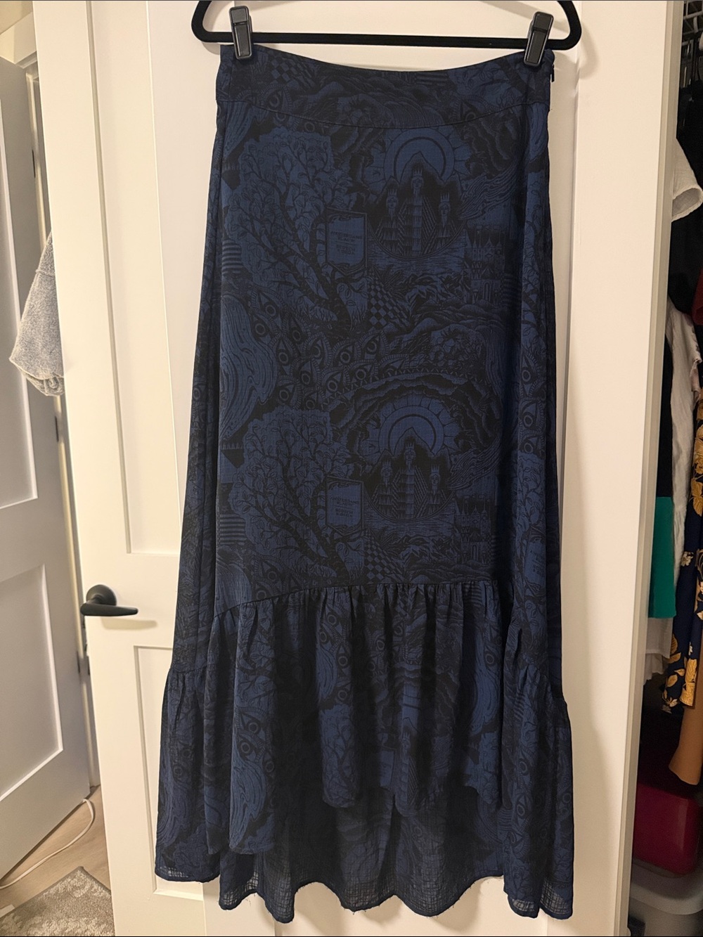 Scotch & Soda Navy Blue Printed Ruffle-Hem High-Low Maxi Skirt